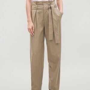 COS Lightweight Wool Blend Belted Tan/Brown Pleated balloon Trouser Pants,Size 6